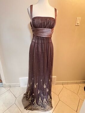Morgan and Co Elegant Brown Embellished Evening Gown Size Medium